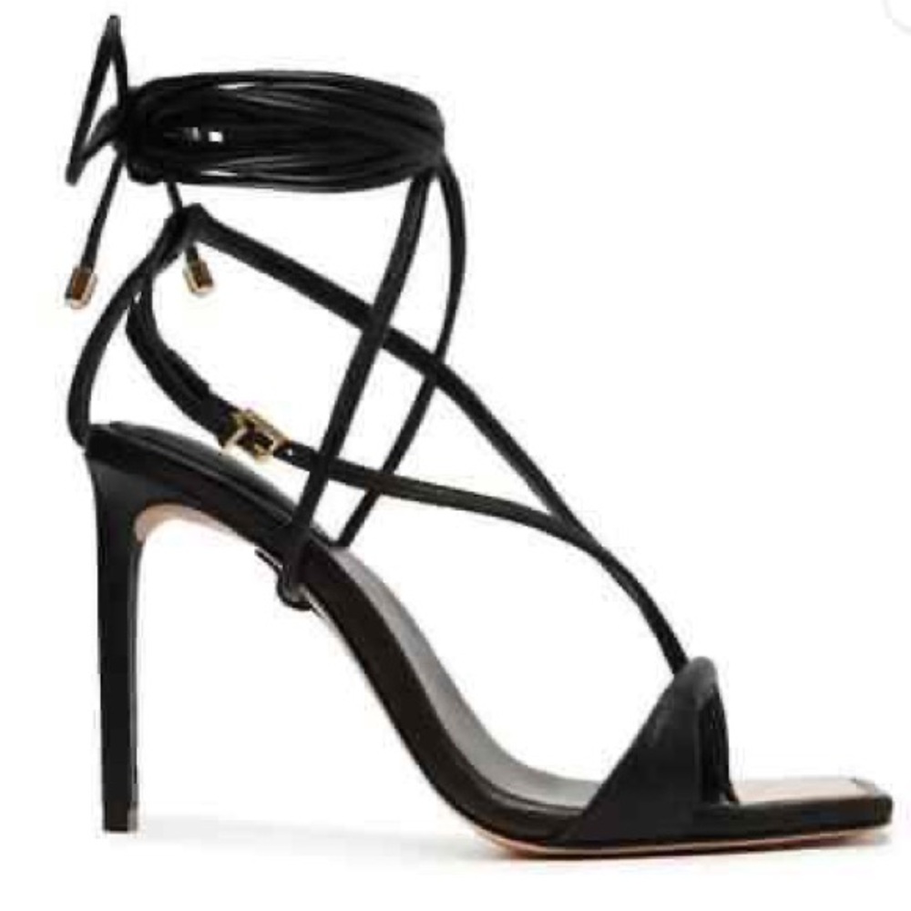 SCHUTZ 🖤Black Strappy Heels Shiny Gold Angular Toe and Gold Accents NEW!